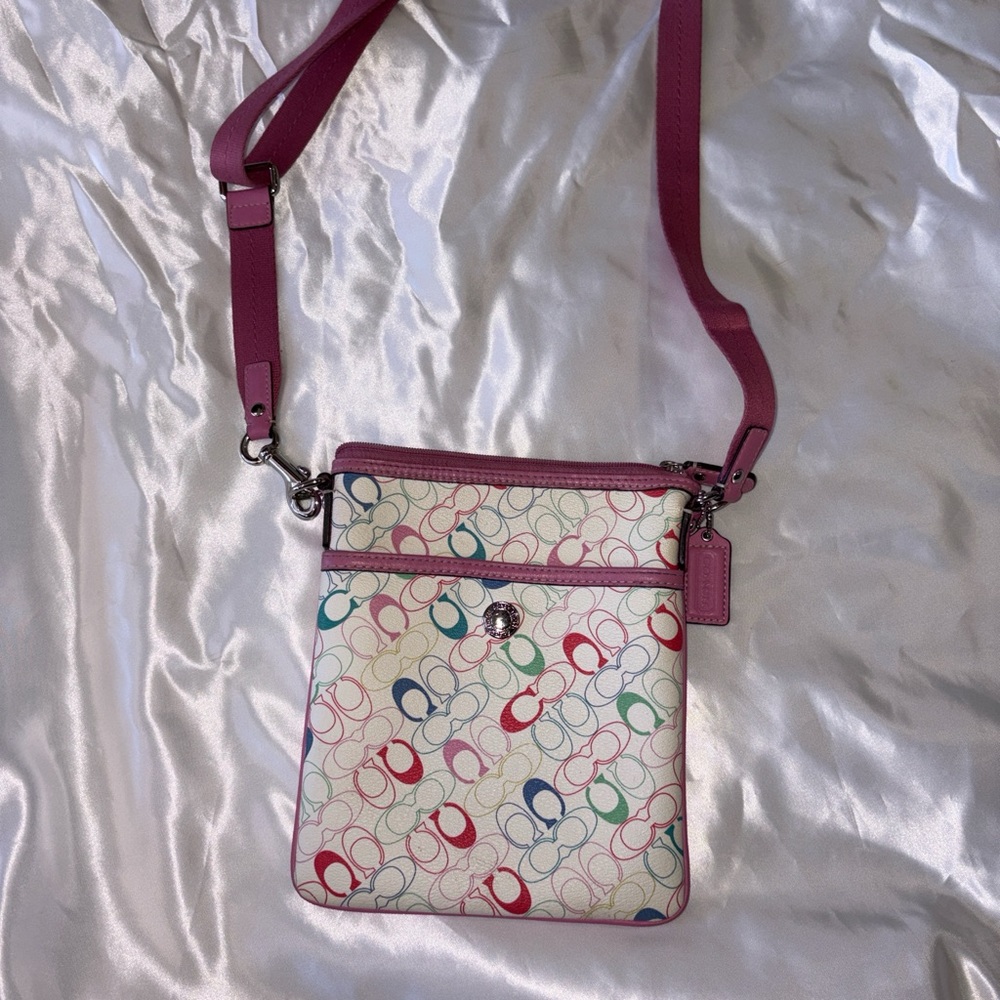Coach Multicolor Signature Crossbody with Pink Trim